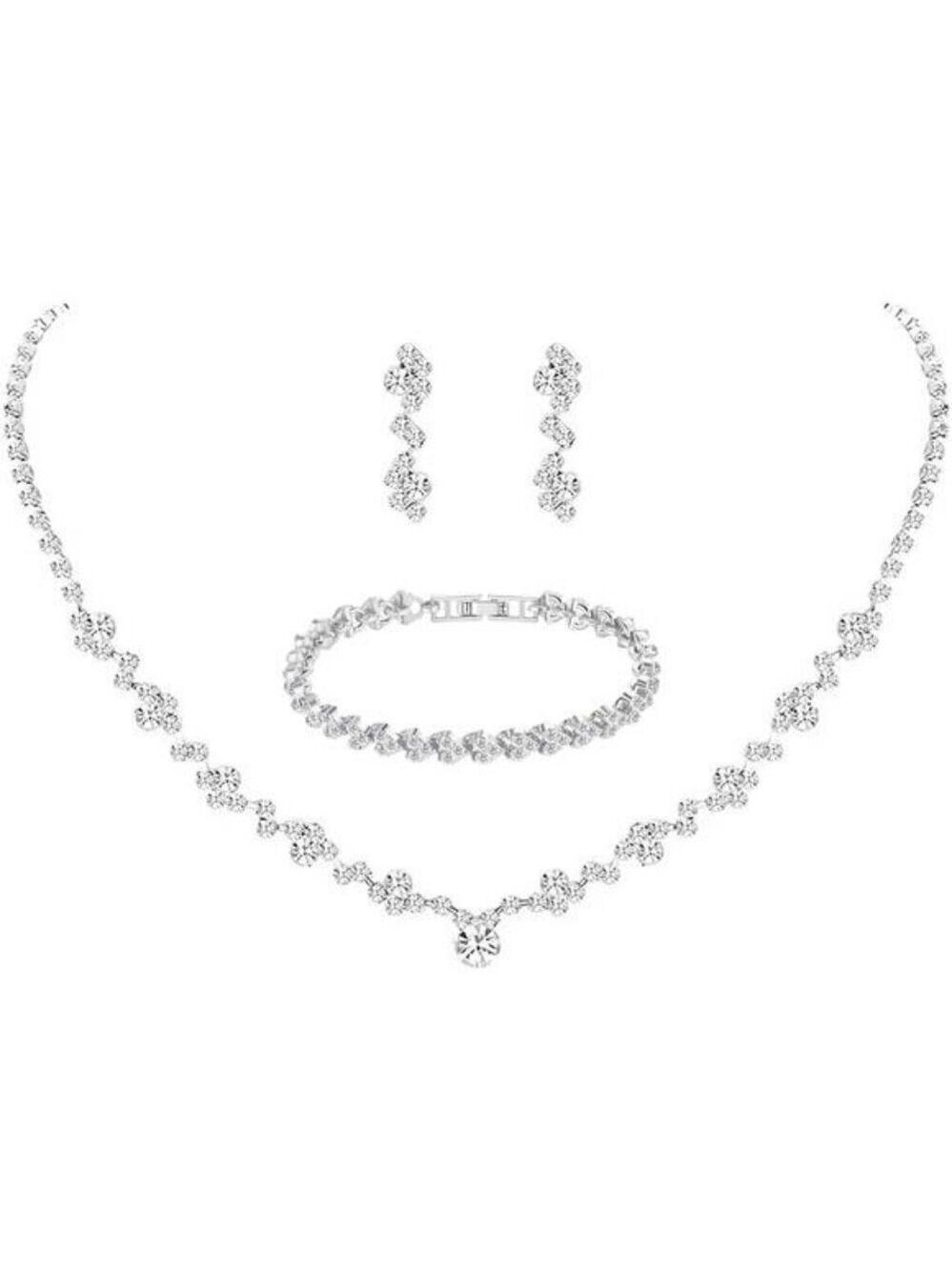 Crystal Wedding Jewelry Set Silver Necklace Earrings Bracelet Bridal Prom Gift